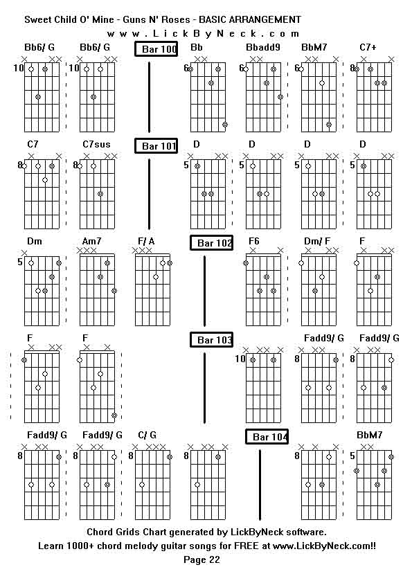 Chord Grids Chart of chord melody fingerstyle guitar song-Sweet Child O' Mine - Guns N' Roses - BASIC ARRANGEMENT,generated by LickByNeck software.